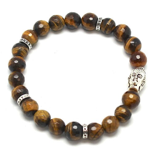 Bracelet Oeil de Tigre, perles facettées de 8 mm, avec intercalaires indiens et Bouddha - Terre Precieuse