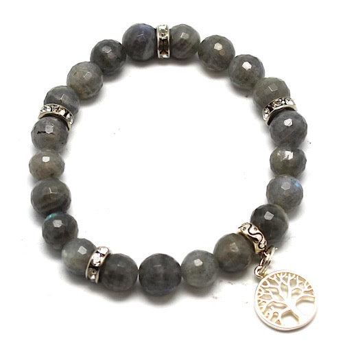 Bracelet Labradorite, perles facettées de 8 mm, avec intercalaires et Arbre de Vie en argent 925/1000e - Terre Precieuse