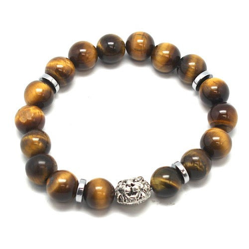 Bracelet Oeil de Tigre, perles de 10 mm, avec intercalaires et tête de lion - Terre Precieuse