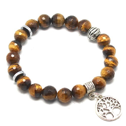 Bracelet Oeil de Tigre, perles facettées de 8 mm, avec intercalaires et Arbre de Vie - Terre Precieuse
