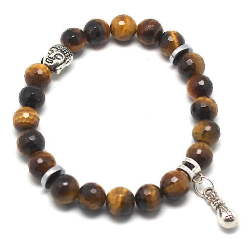 Bracelet Oeil de Tigre, perles facettées de 8 mm, avec intercalaires et Bouddha - Terre Precieuse