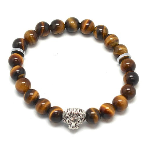 Bracelet Oeil de Tigre, perles de 8 mm, avec intercalaires et tête de lion - Terre Precieuse