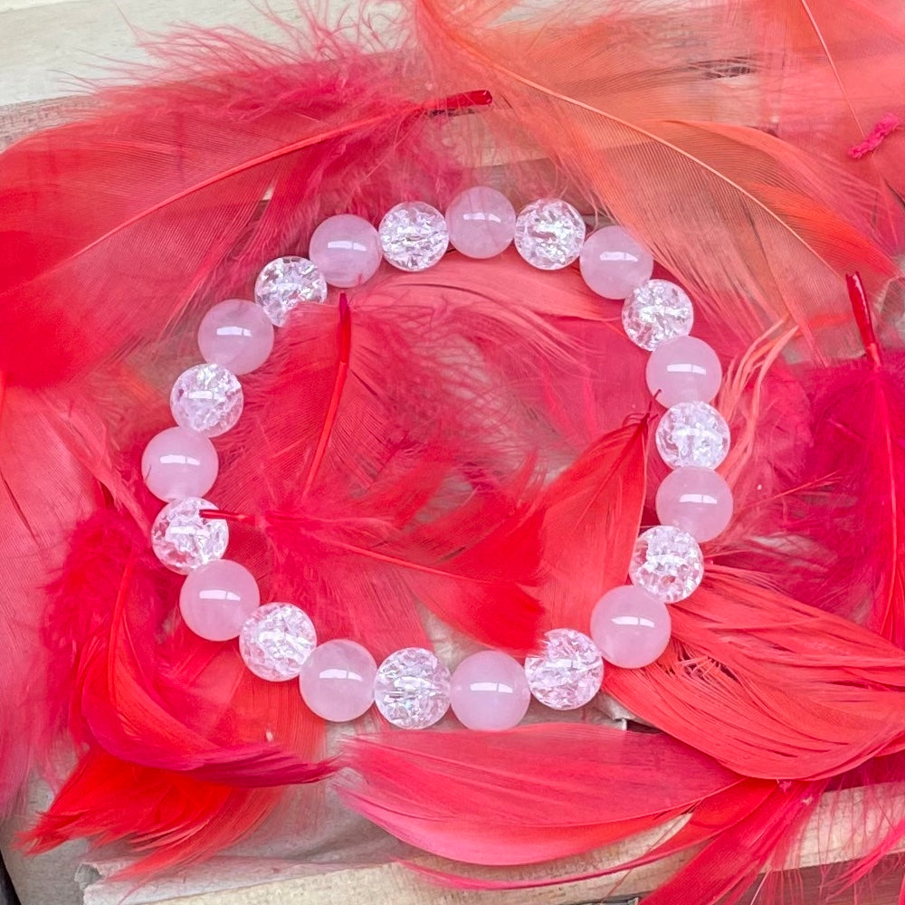 Bracelet Quartz rose et cristal de roche craquelé pour elle ❤️